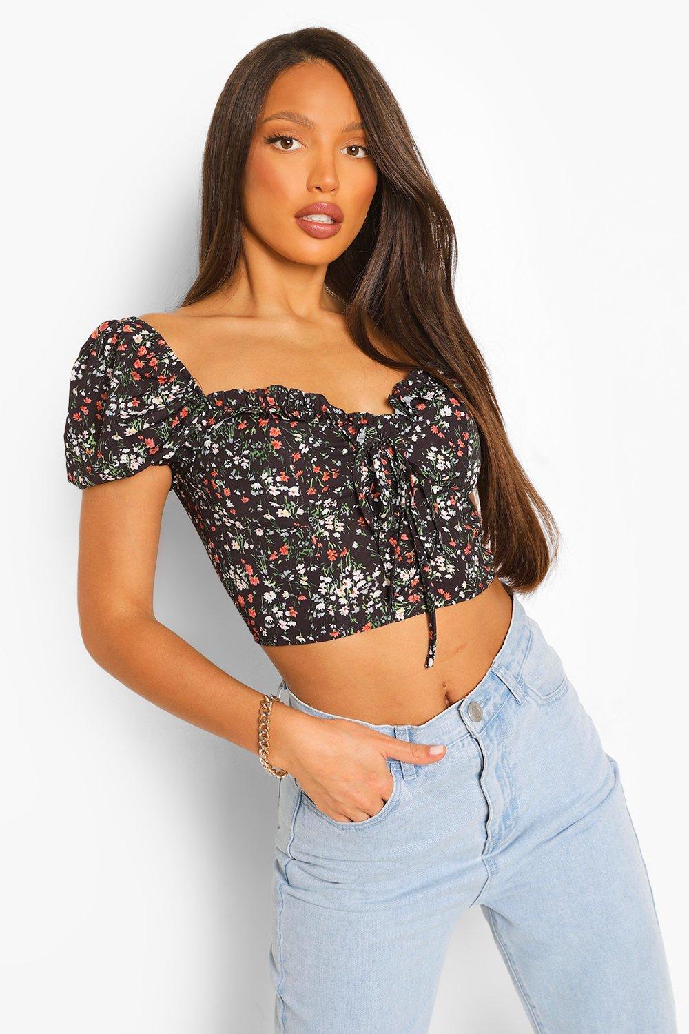 Black Tall Floral Lace Up Corset Style Crop Top