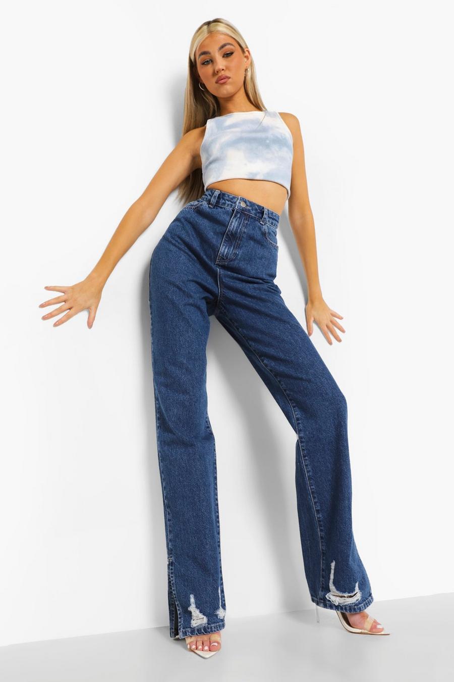 Mid blue Tall - Jeans med slitage, slitsar och hög midja image number 1