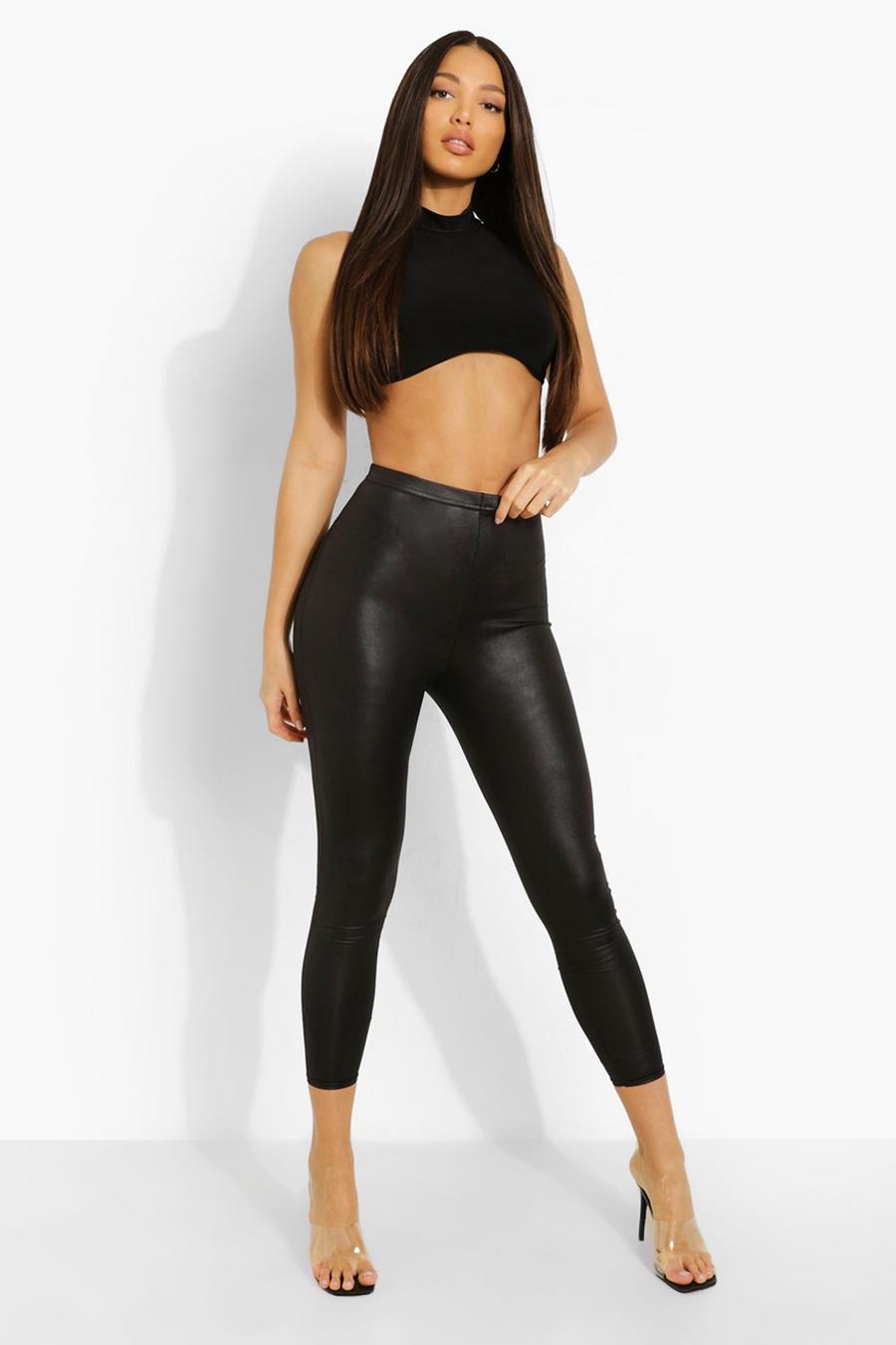 Black Tall Leather Look Ruched Bum Leggings image number 1