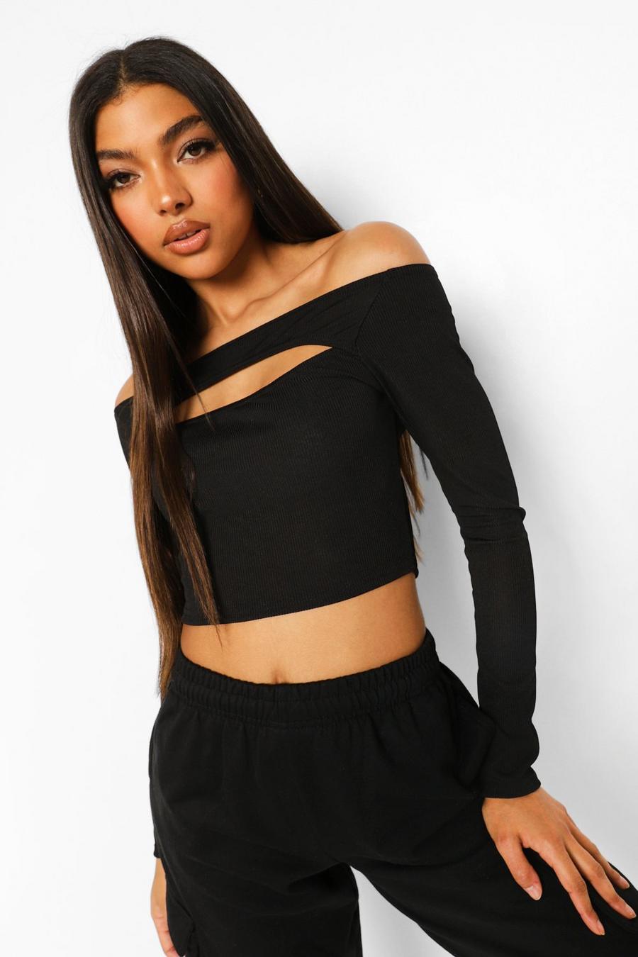 Black Tall Rib Cut Out Off Shoulder Top image number 1