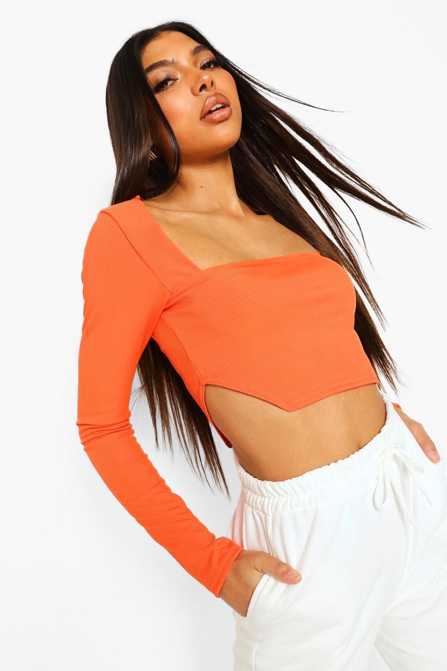 Orange Tall Square Neck Cut Out Side Ribbed Top image number 1