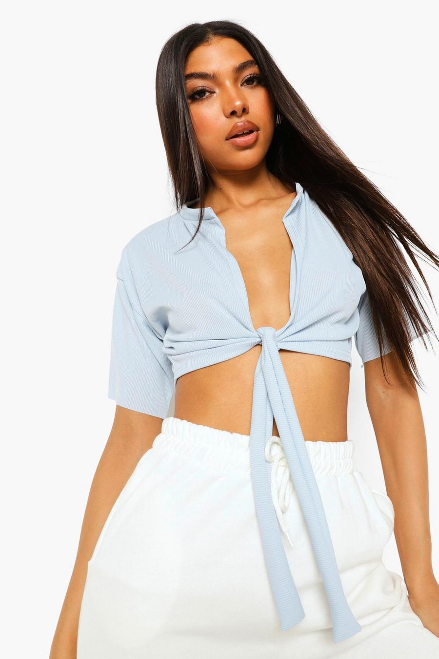 Baby blue Tall Notch Tie Front Boxy Rib Crop Top image number 1