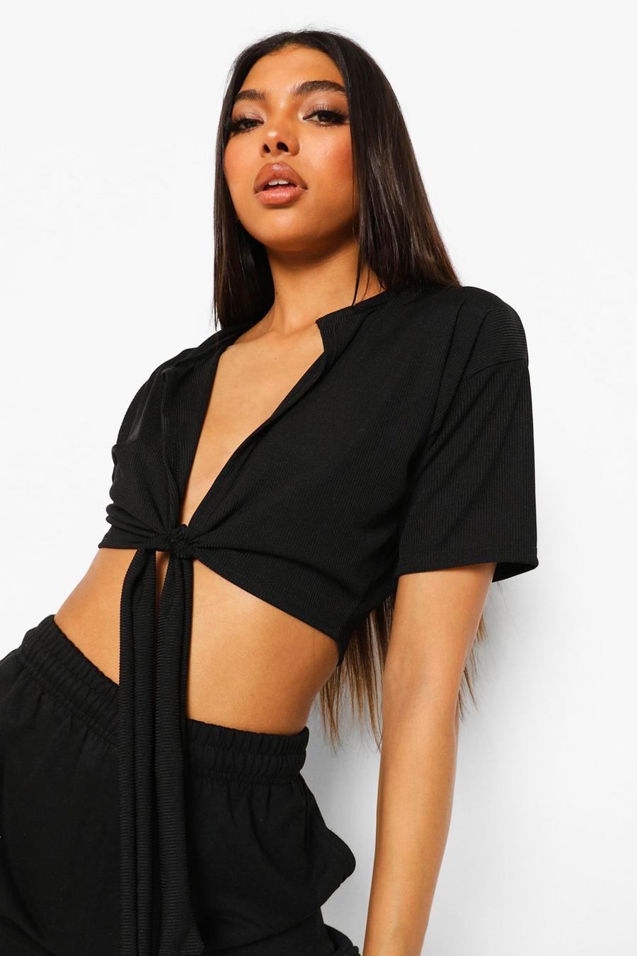 Black Tall Notch Tie Front Boxy Rib Crop Top image number 1