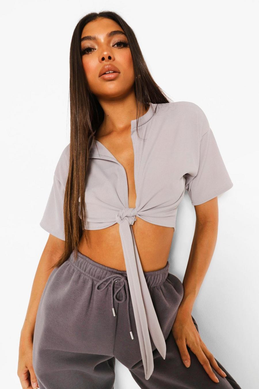 Grey marl Tall Notch Tie Front Boxy Rib Crop Top image number 1