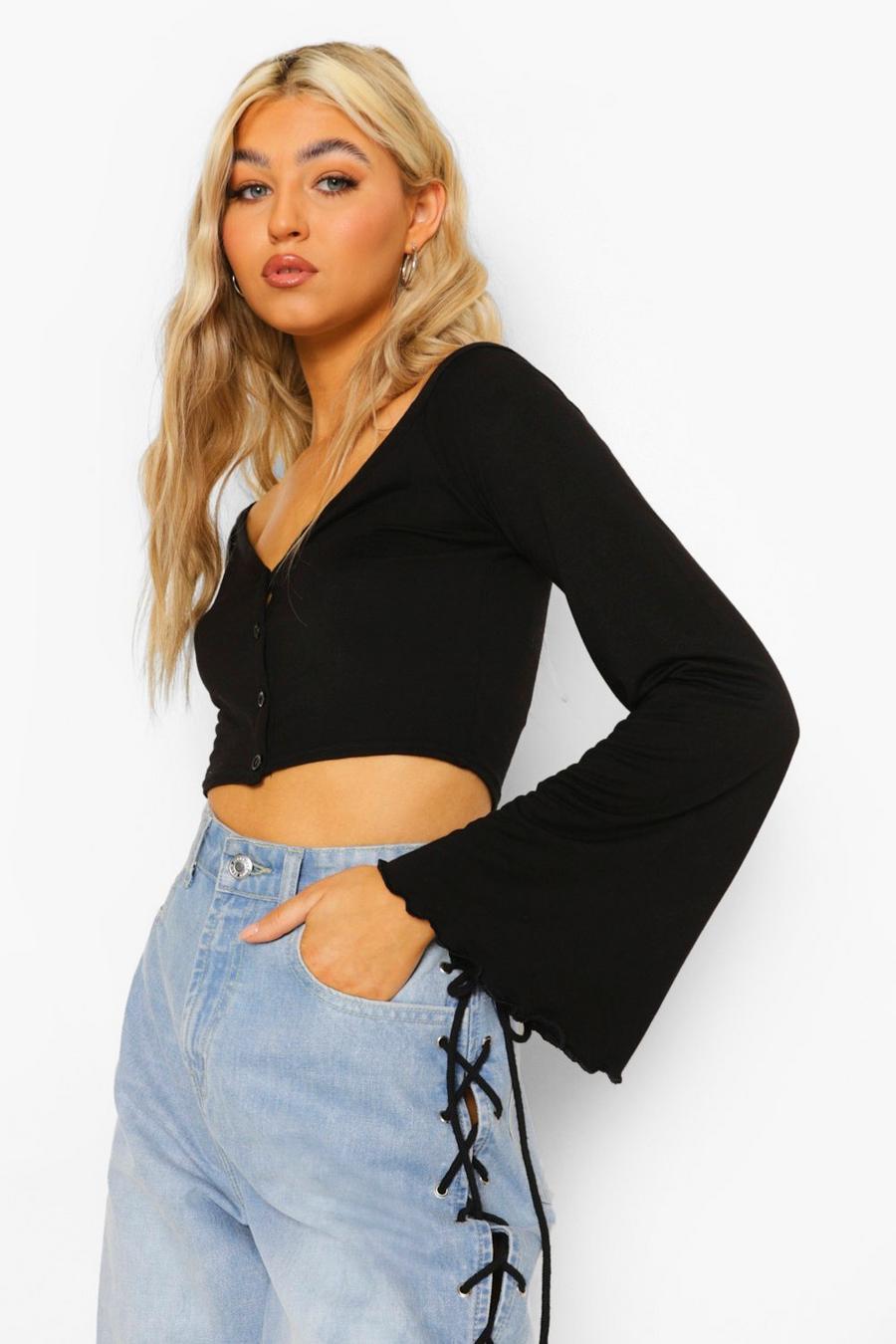 Black Tall V-neck Button Front Long Sleeve Crop Top image number 1