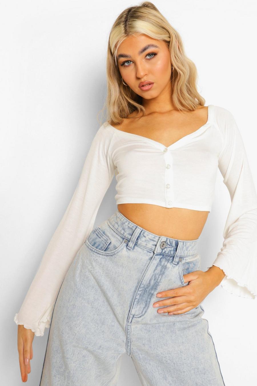 Ecru Tall V-neck Button Front Long Sleeve Crop Top image number 1