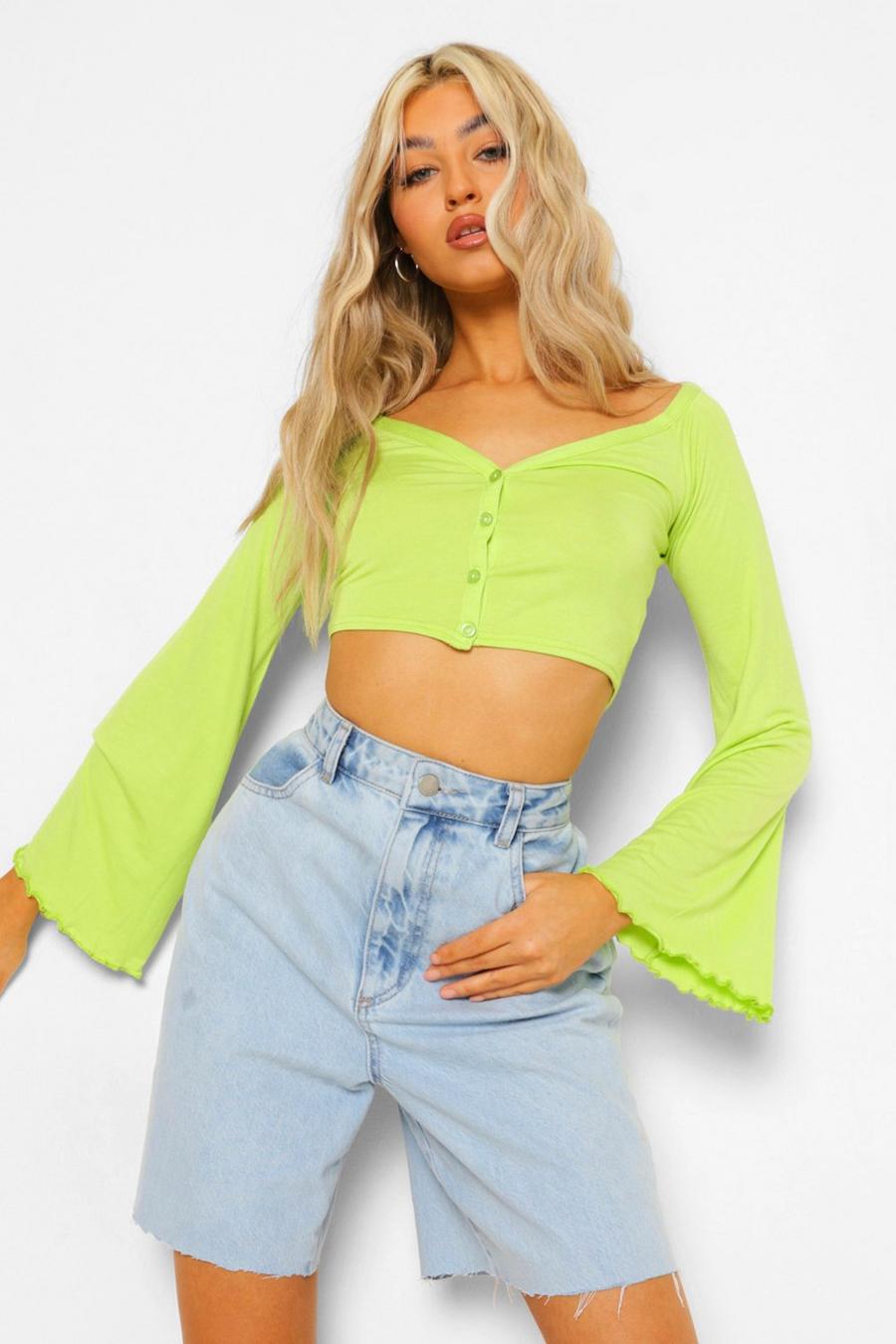 Lime Tall V-neck Button Front Long Sleeve Crop Top image number 1