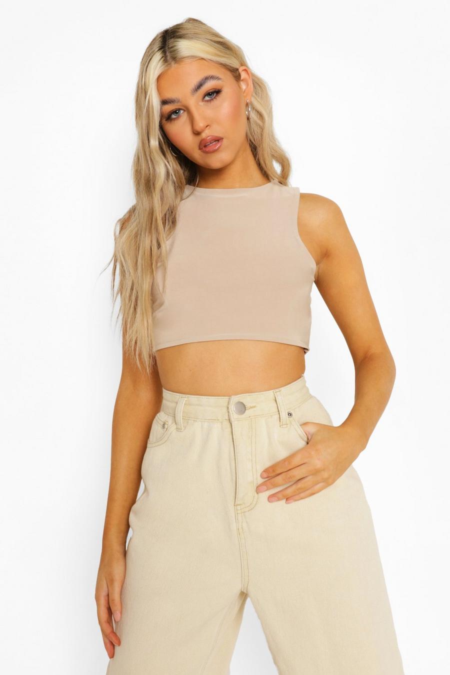 Taupe Tall Slinky Racer Neck Super Crop Top image number 1
