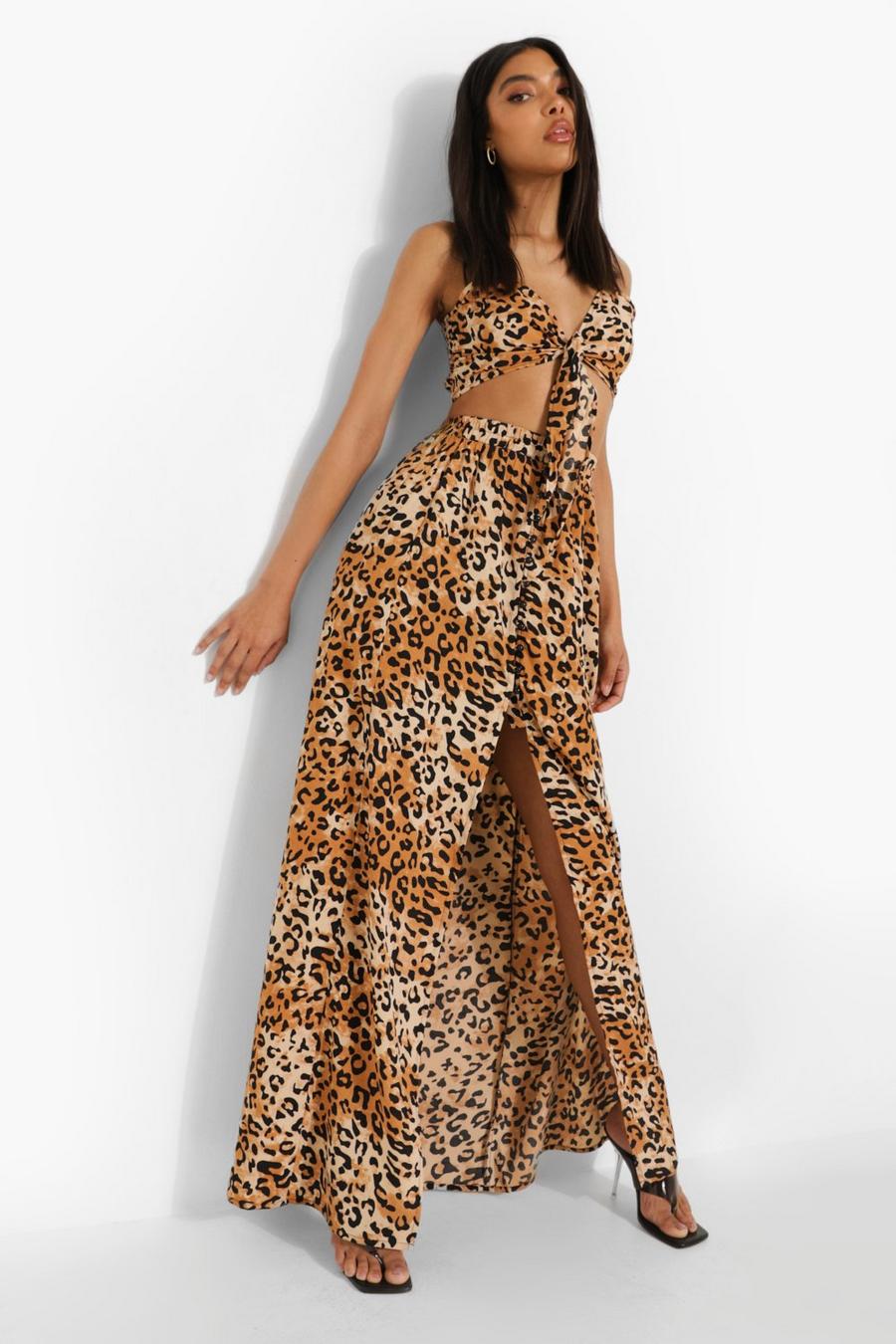Stone Tall - Leopardmönstrad crop top med knytdetalj och kjol image number 1