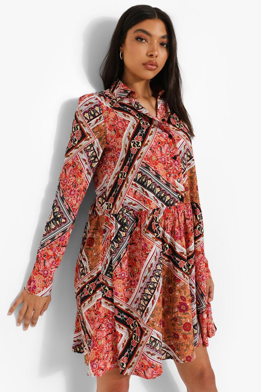 Multi Tall Scarf Floral Shirt Dress image number 1