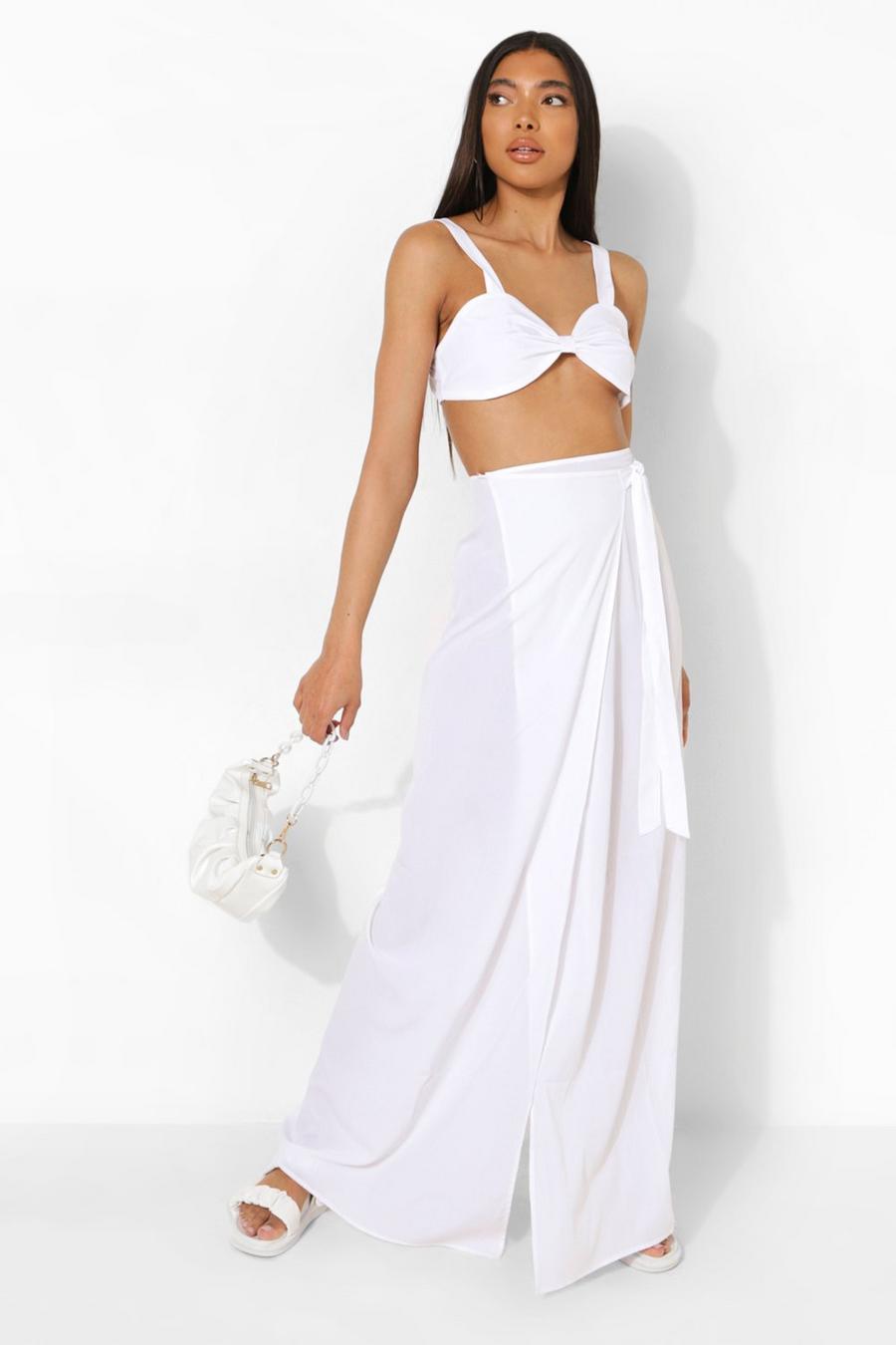 White Tall Knot Bralet Wrap Tie Side Maxi Co-Ord image number 1