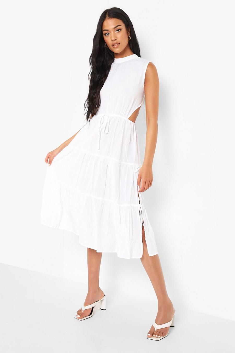 White Tall Linen Cut Out Tiered Smock Midi Dress image number 1