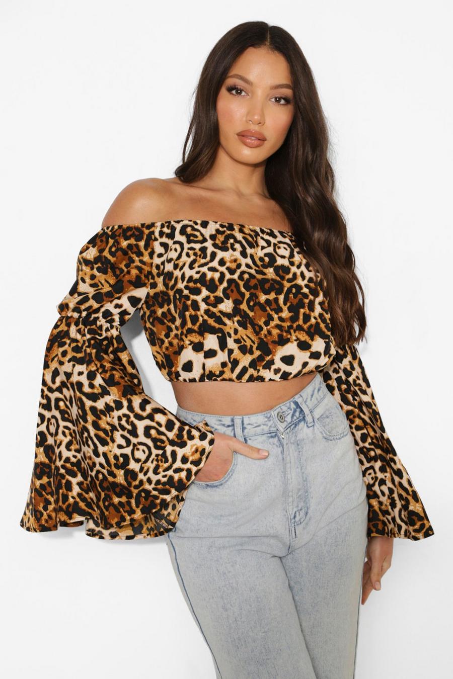 Stone Tall Leopard Flare Sleeve Crop Top image number 1