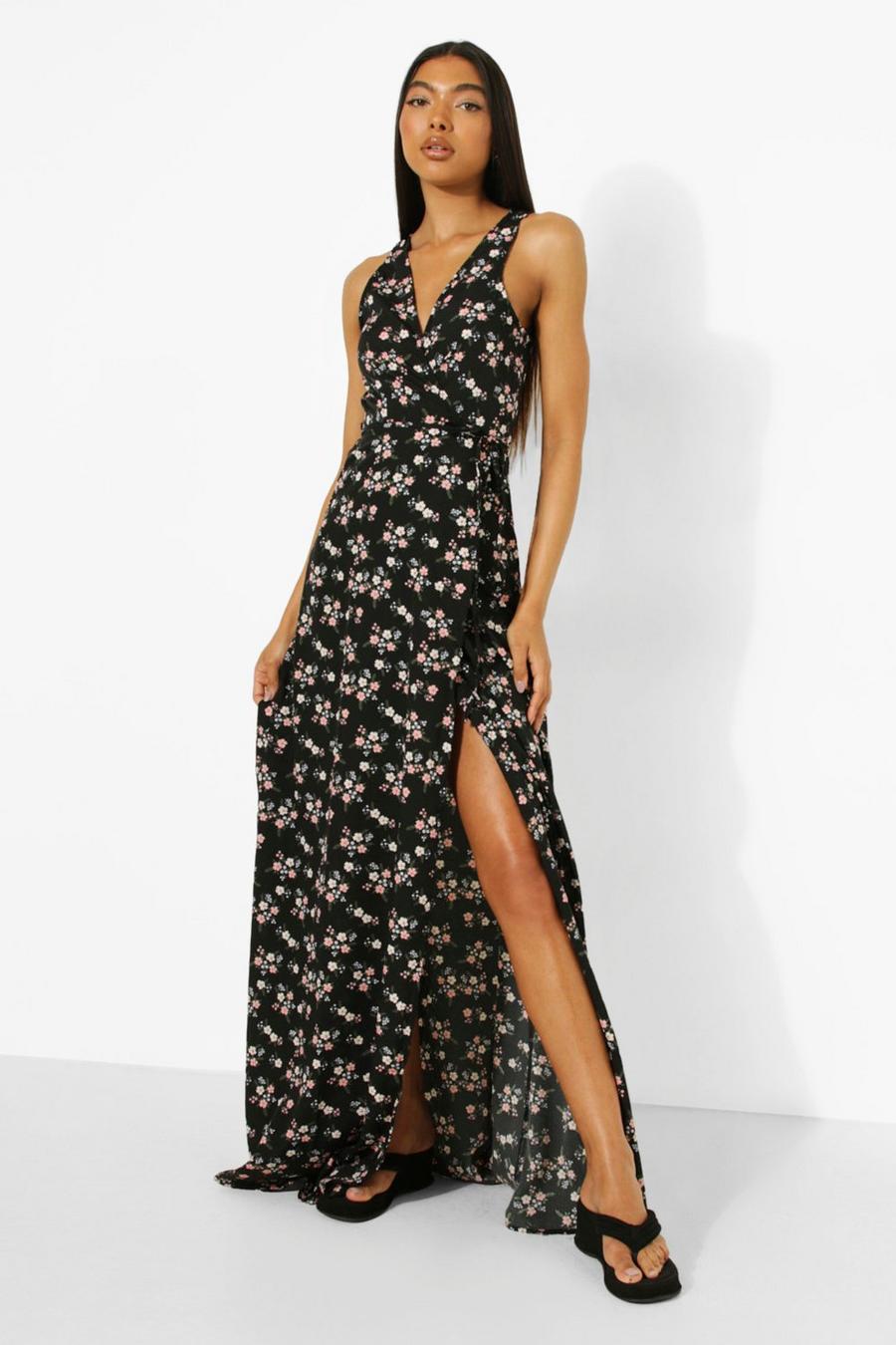 Black Tall Ditsy Floral Wrap Tie Maxi Dress image number 1