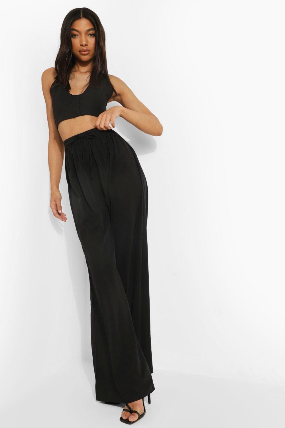 Black Wide Leg Pants With High Front Slits, Black High Waist