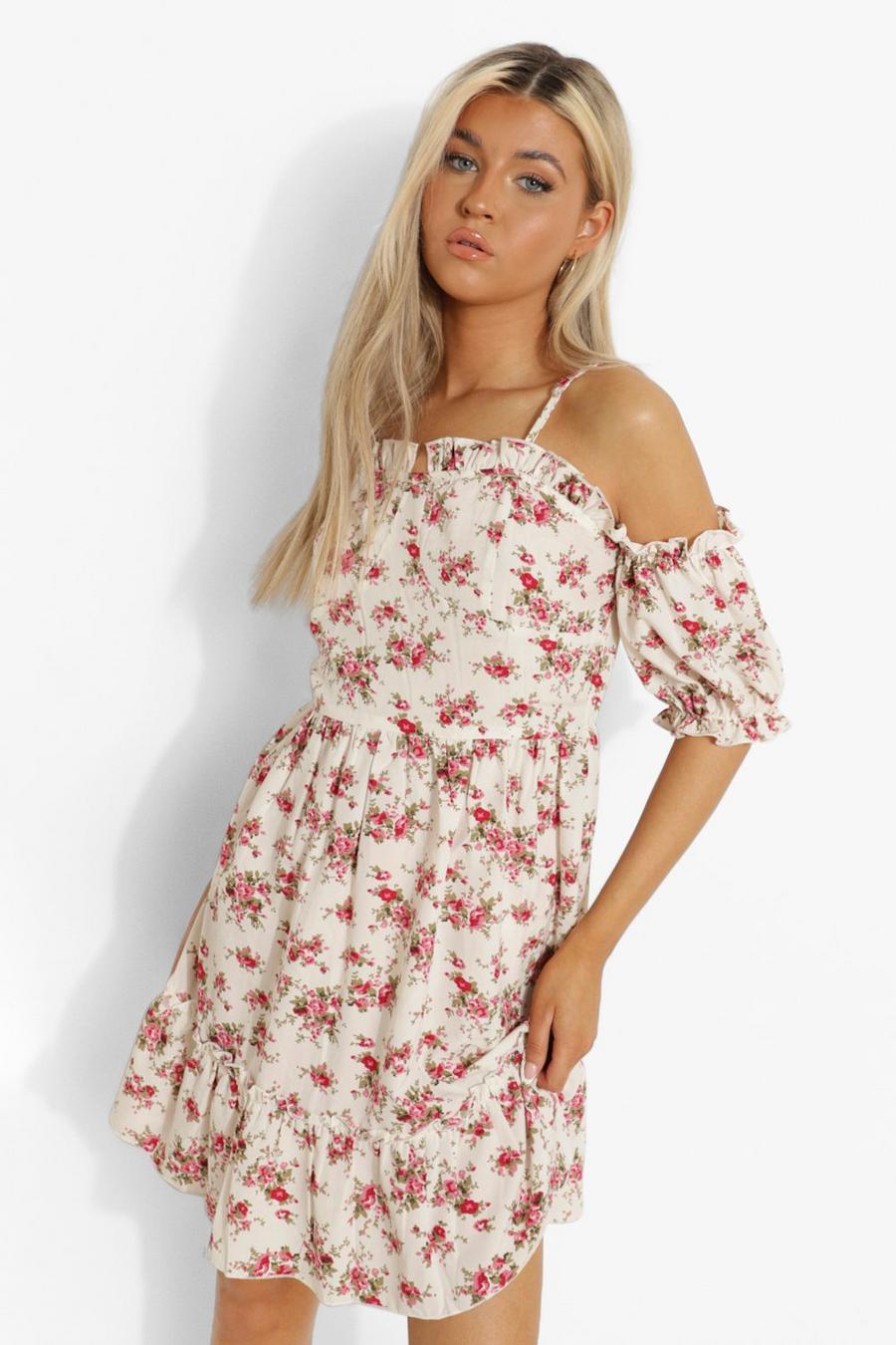 Ivory white Tall Floral Off The Shoulder Tiered Skater Dress