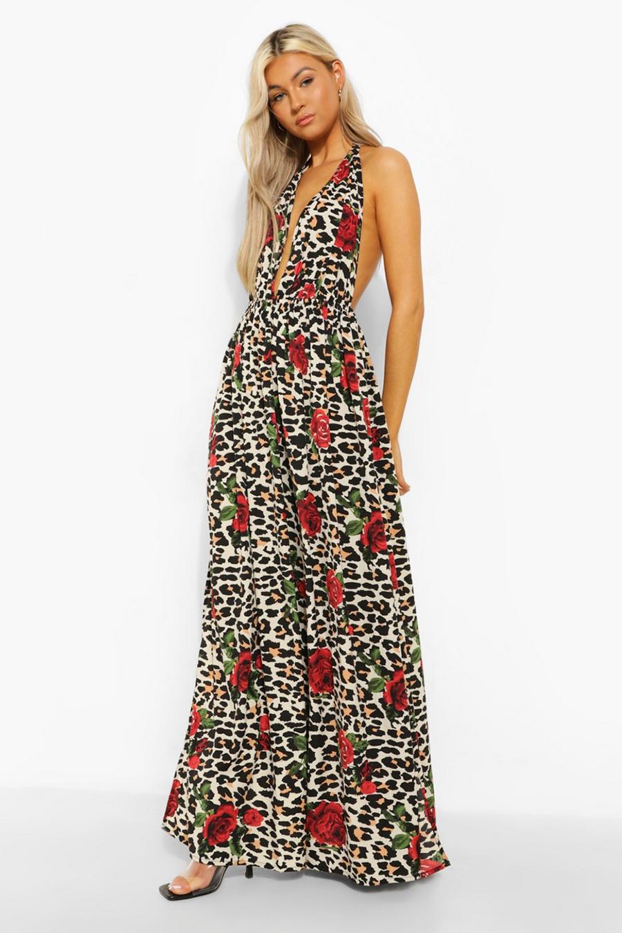 Stone Tall Leopard Rose Halter Plunge Maxi Dress image number 1