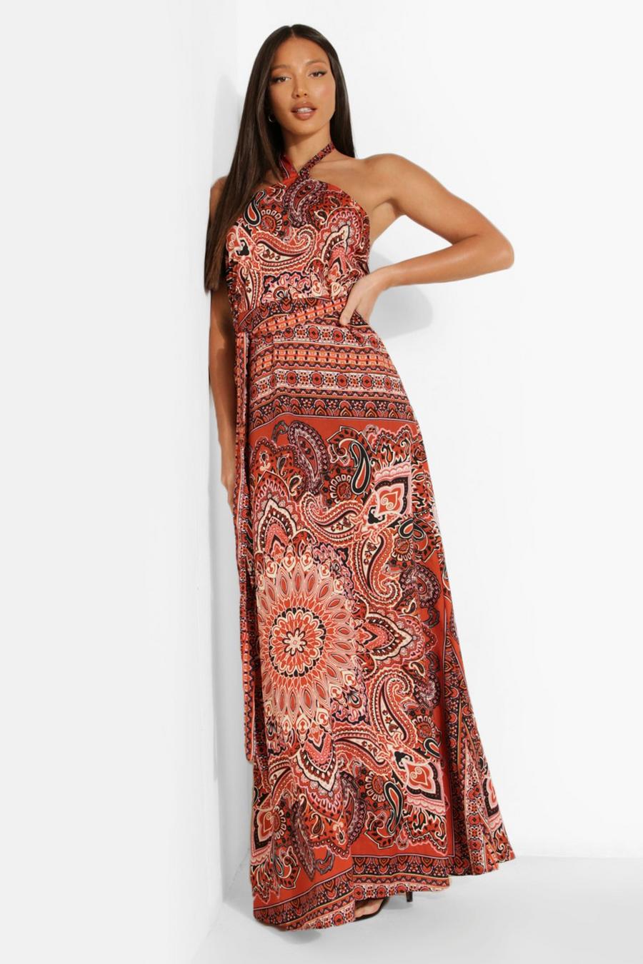 Red Tall Paisley Halter Twist Belted Maxi Dress image number 1