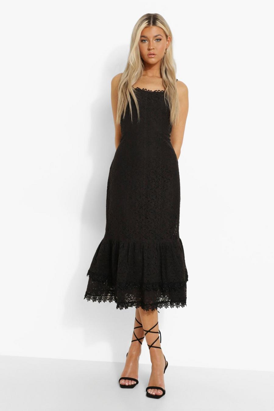 Black Tall Crochet Lace Bodycon Midi Dress image number 1