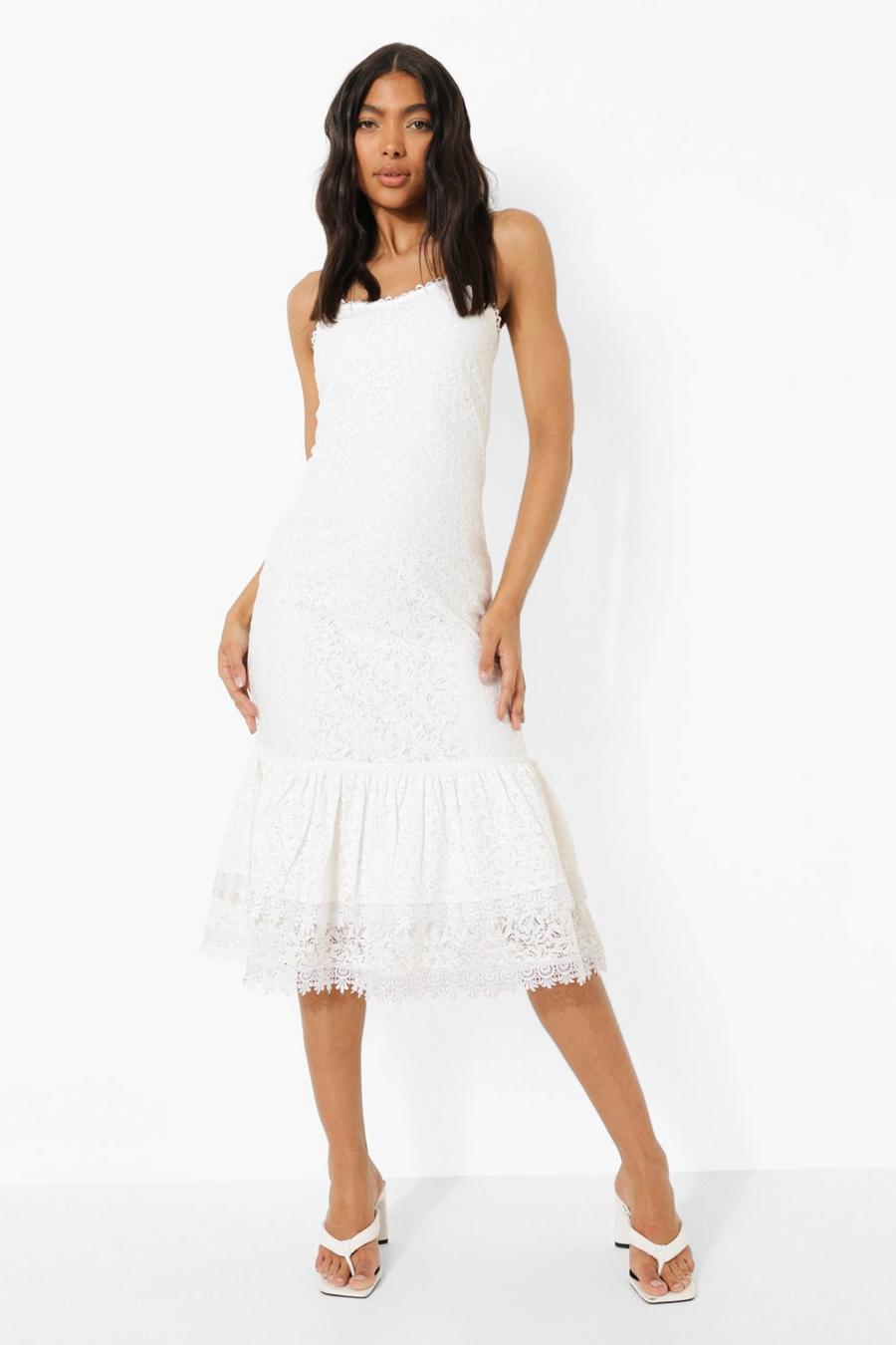 Ivory Tall Crochet Lace Bodycon Midi Dress image number 1