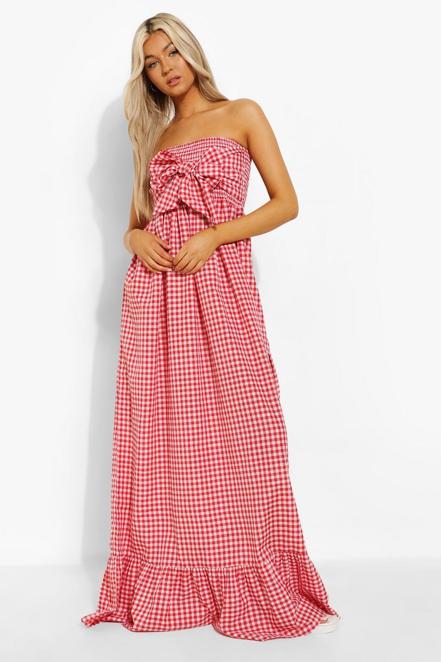 Red röd Tall Gingham Knot Front Maxi Dress image number 1