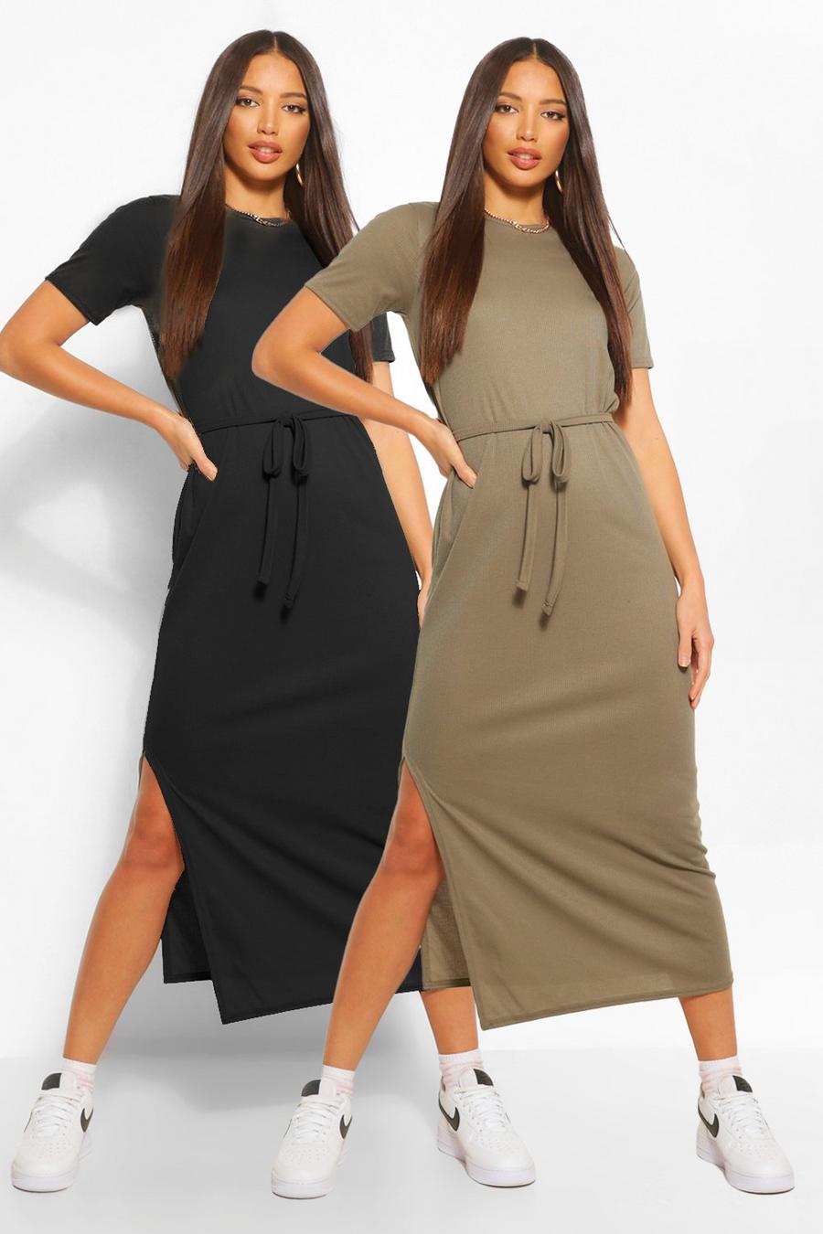 Khaki Tall Side Split Rib Midi Dress 2 Pack image number 1
