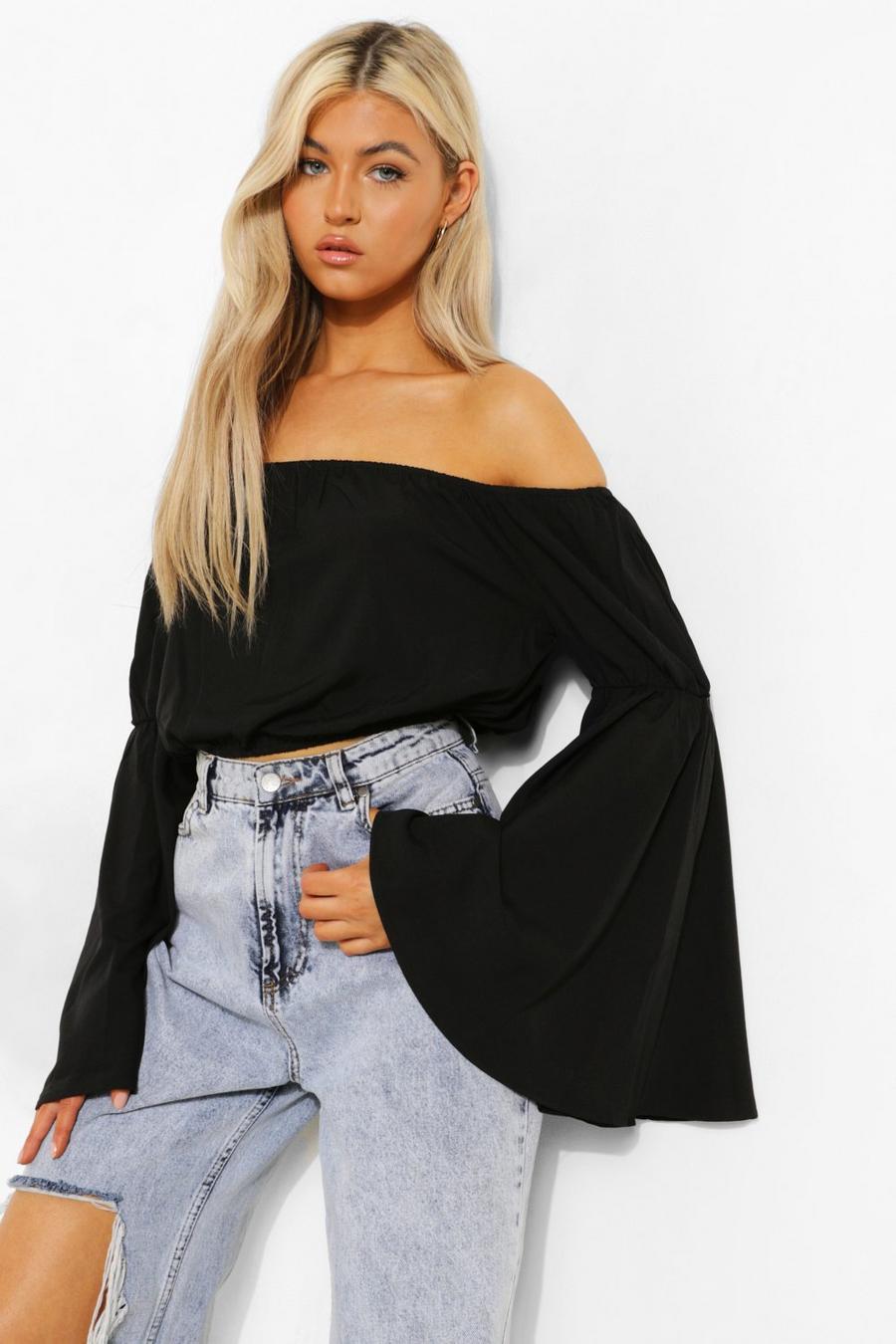 Black Tall Flare Sleeve Crop Top image number 1