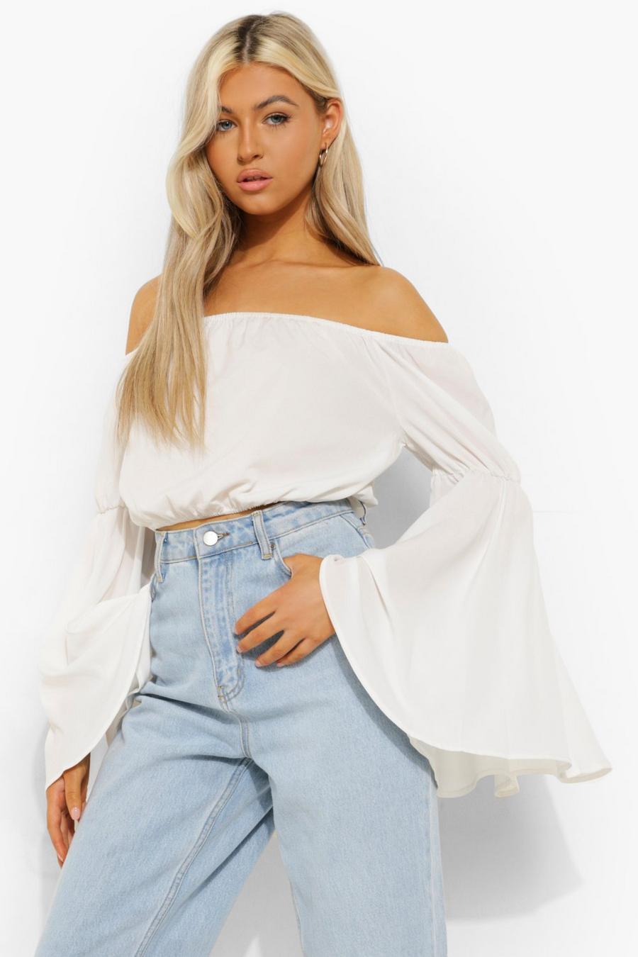 Ivory Tall Flare Sleeve Crop Top image number 1