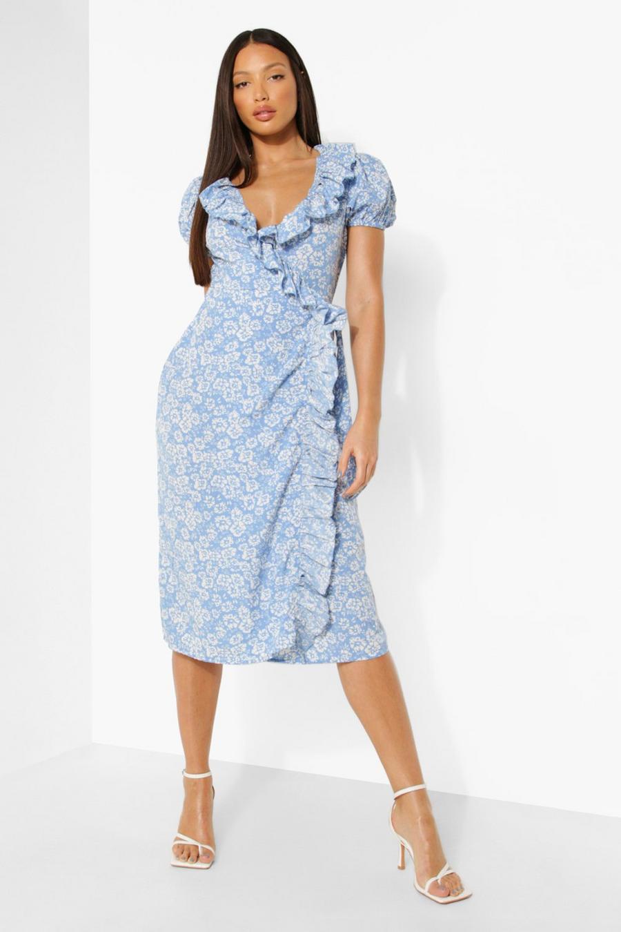 Blue Tall Floral Ruffle Wrap Puff Midi Dress image number 1