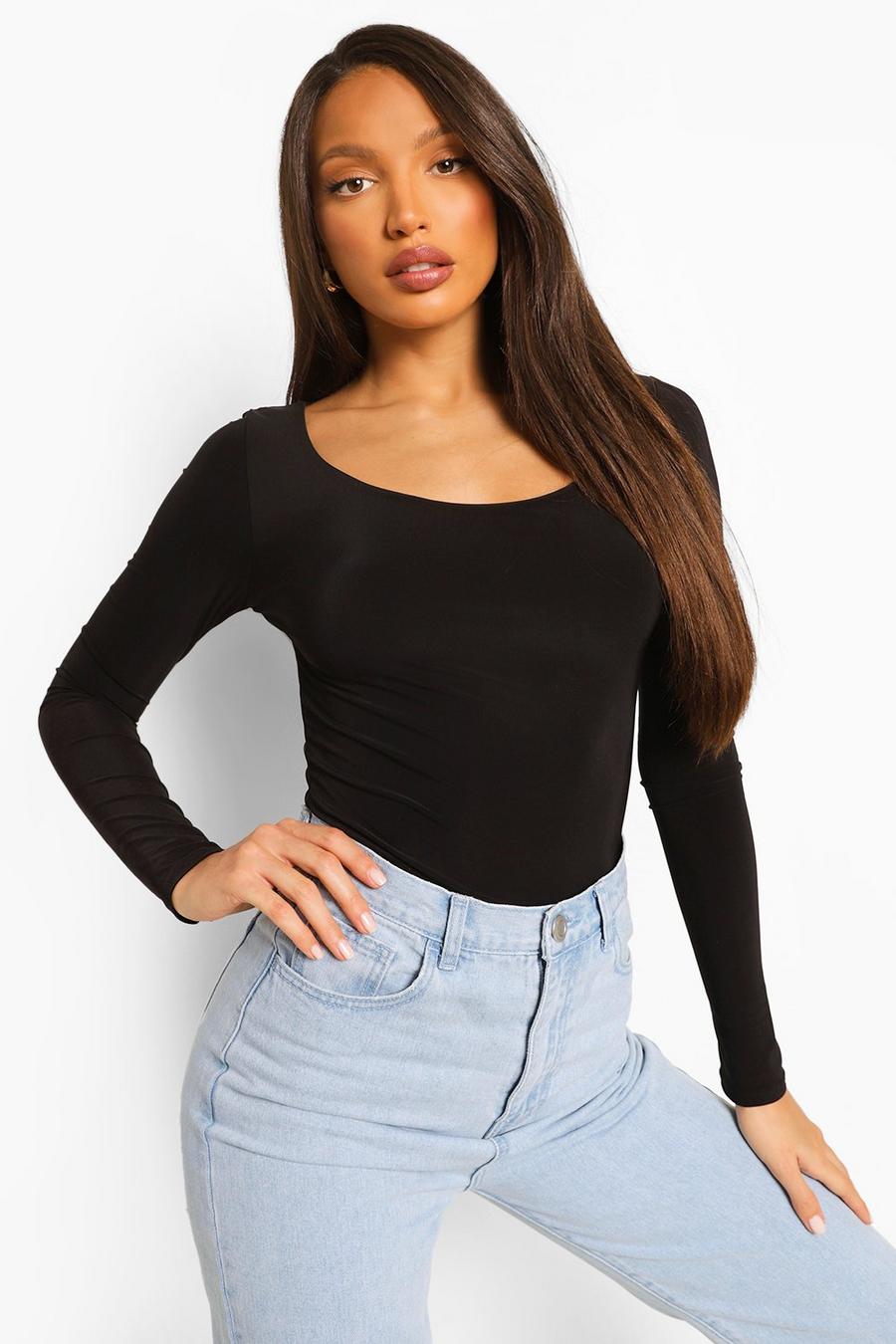 Black Tall Double Layer Scoop Long Sleeve Bodysuit image number 1