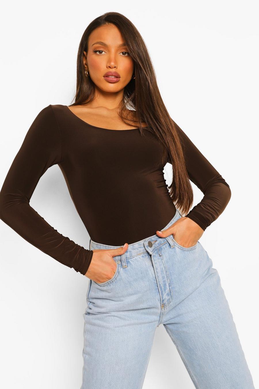 Chocolate Tall Double Layer Scoop Long Sleeve Bodysuit image number 1
