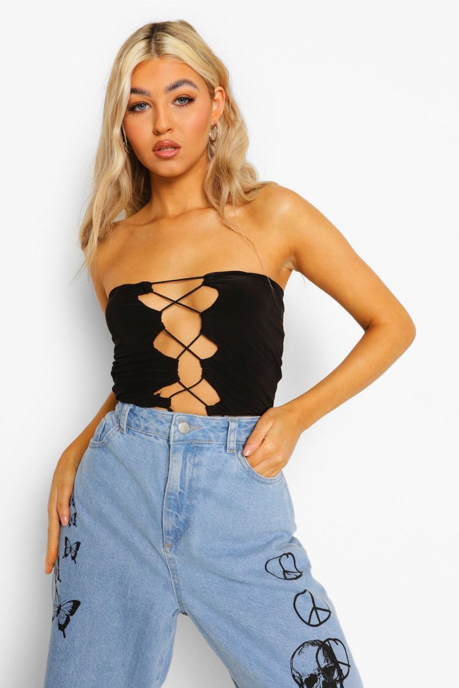 Black Tall Double Layer Lace Up Bandeau Crop Top image number 1