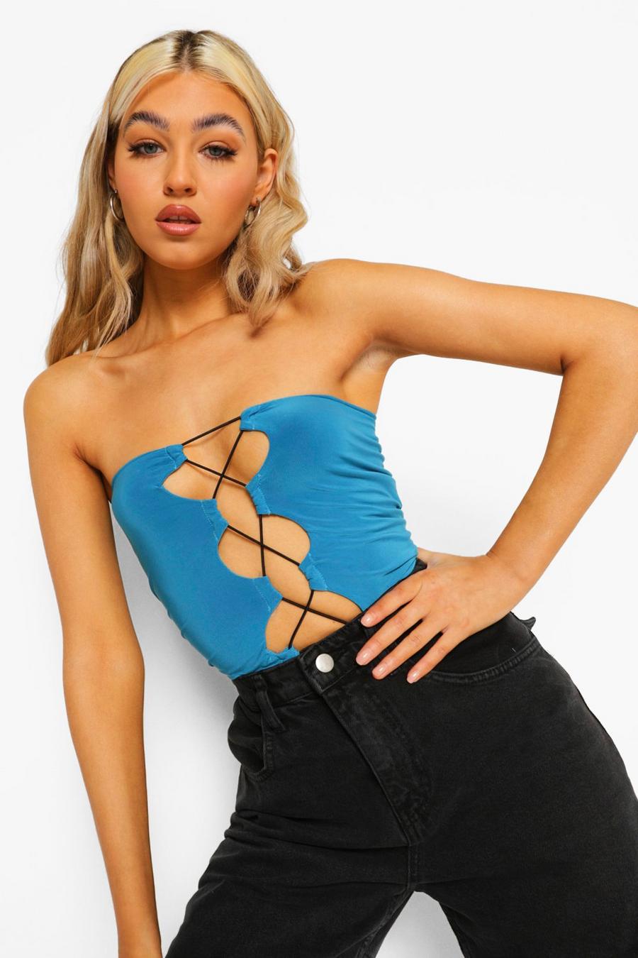 Bright blue Tall Double Layer Lace Up Bandeau Crop Top image number 1