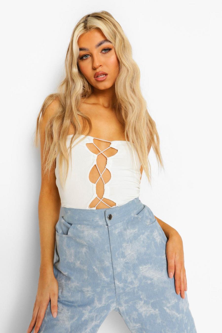 Ivory Tall Double Layer Lace Up Bandeau Crop Top image number 1