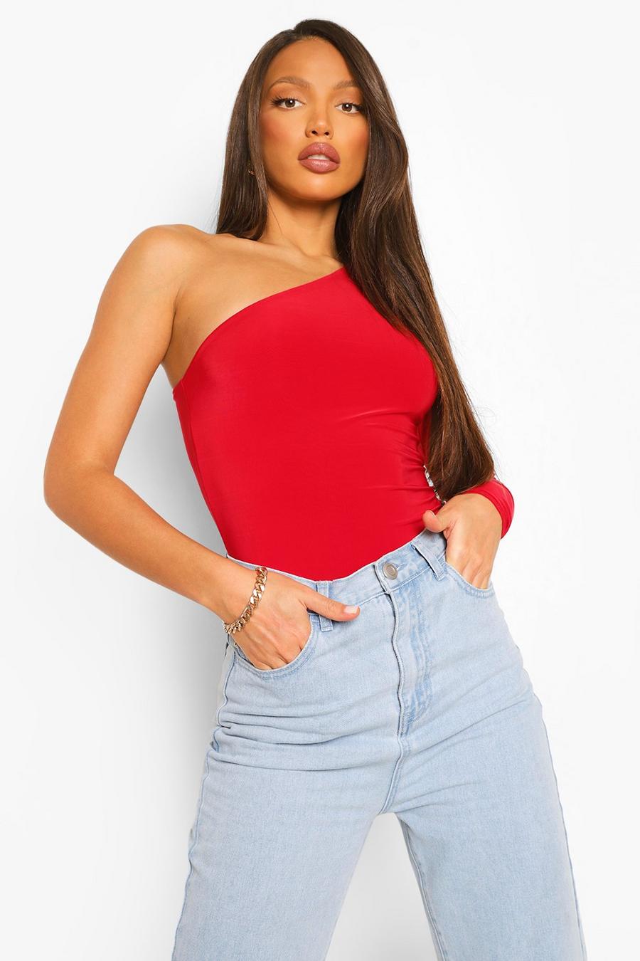 Red Tall Double Layer Asymmetric Sleeve Bodysuit image number 1