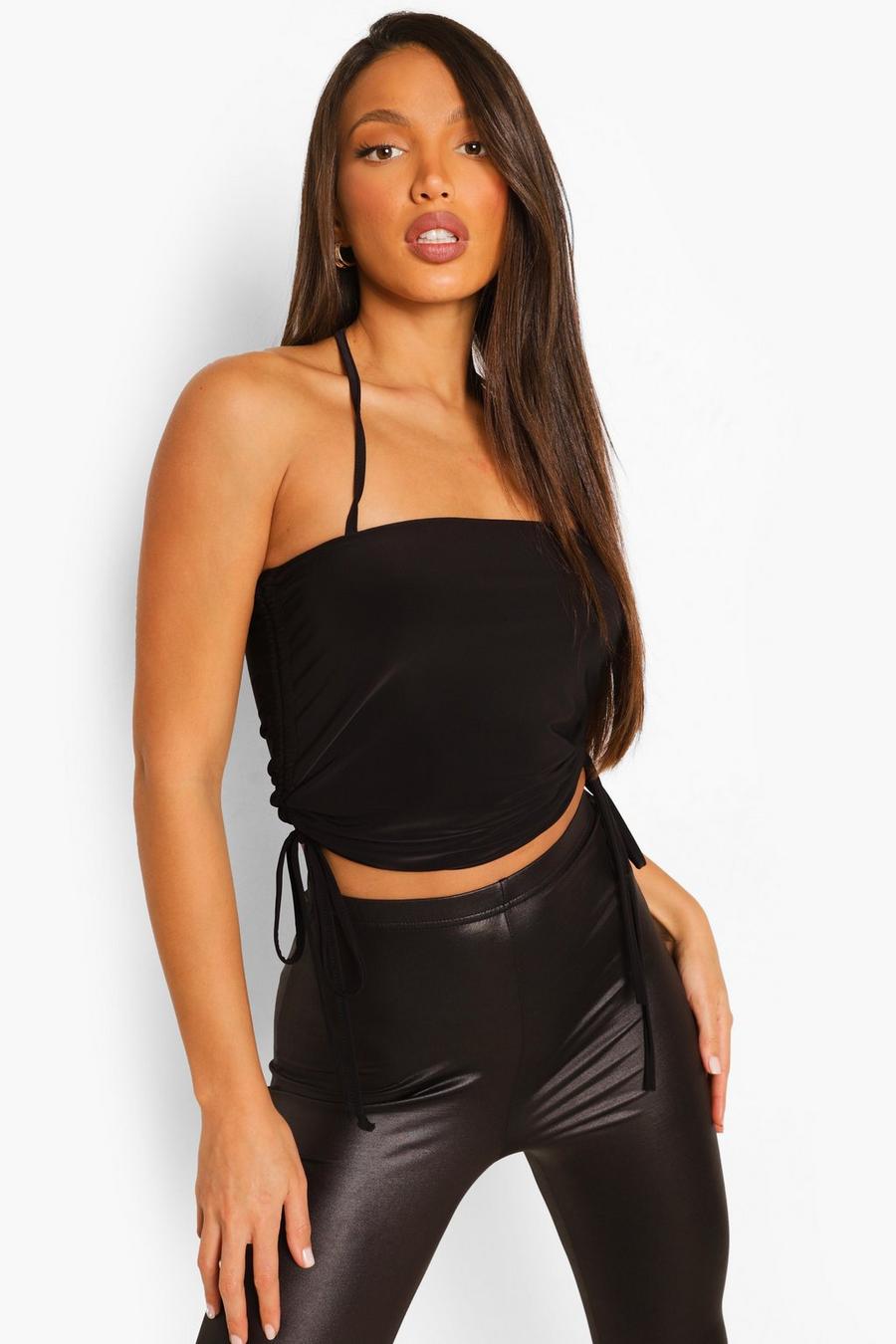 Black Tall Double Layer Ruched Halter Cami Top image number 1