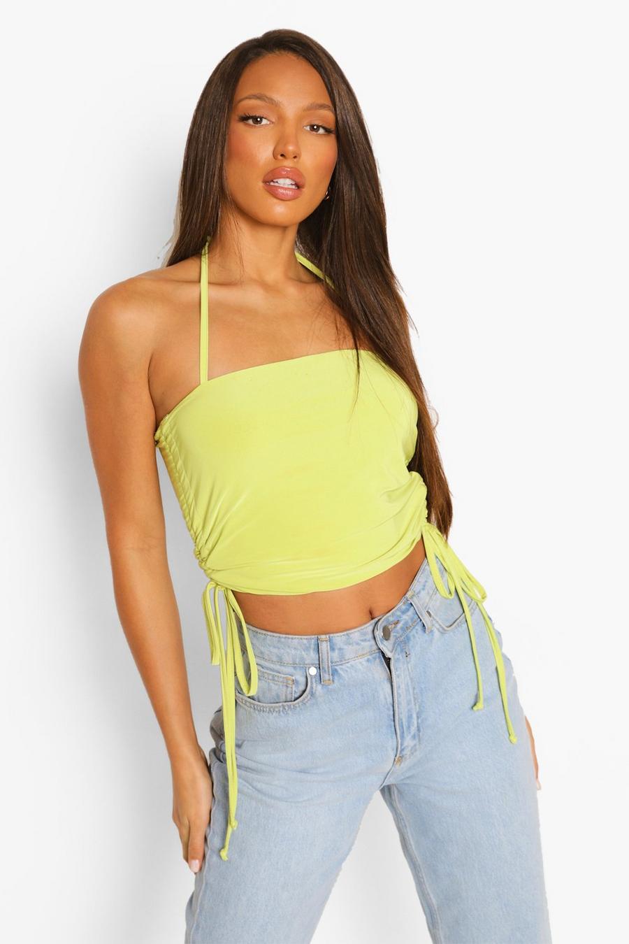 Chartreuse Tall Double Layer Ruched Halter Cami Top image number 1