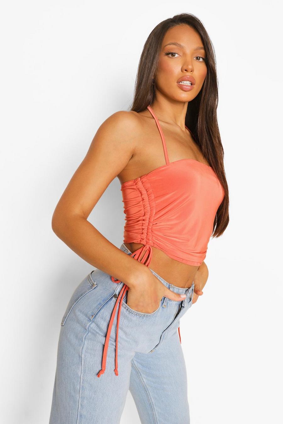 Orange Tall Double Layer Ruched Halter Cami Top image number 1