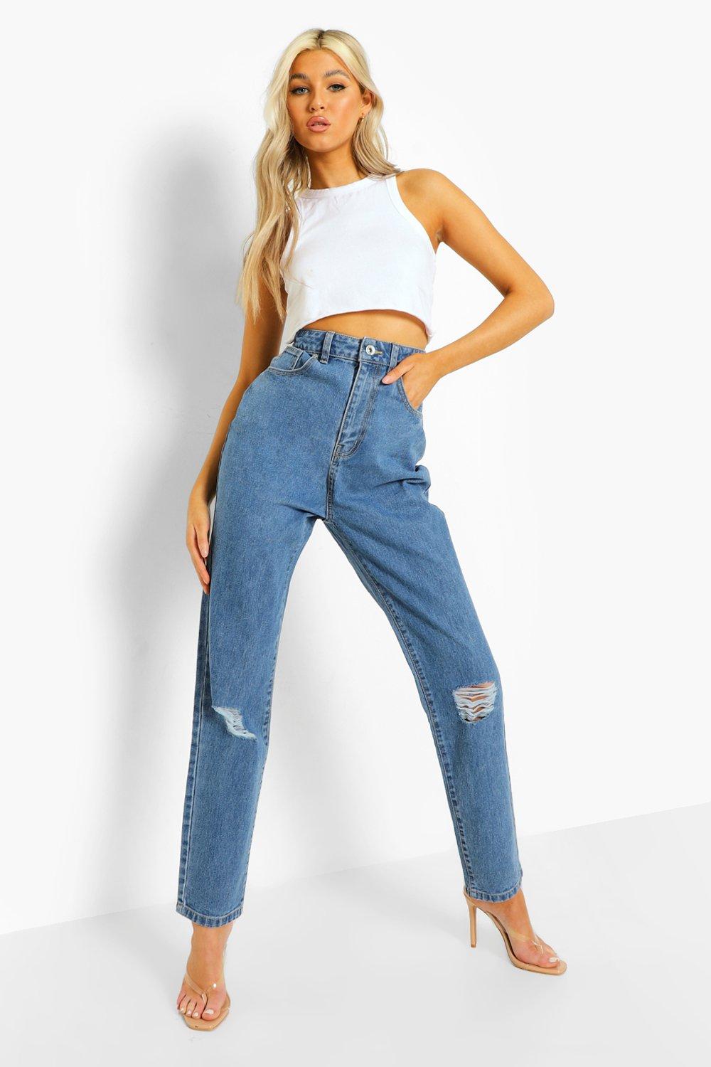 tall mid blue distressed mom jeans