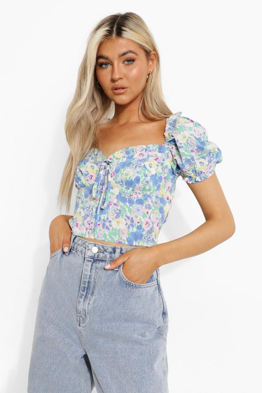 Blue Tall Woven Floral Print Puff Sleeve Crop Top image number 1