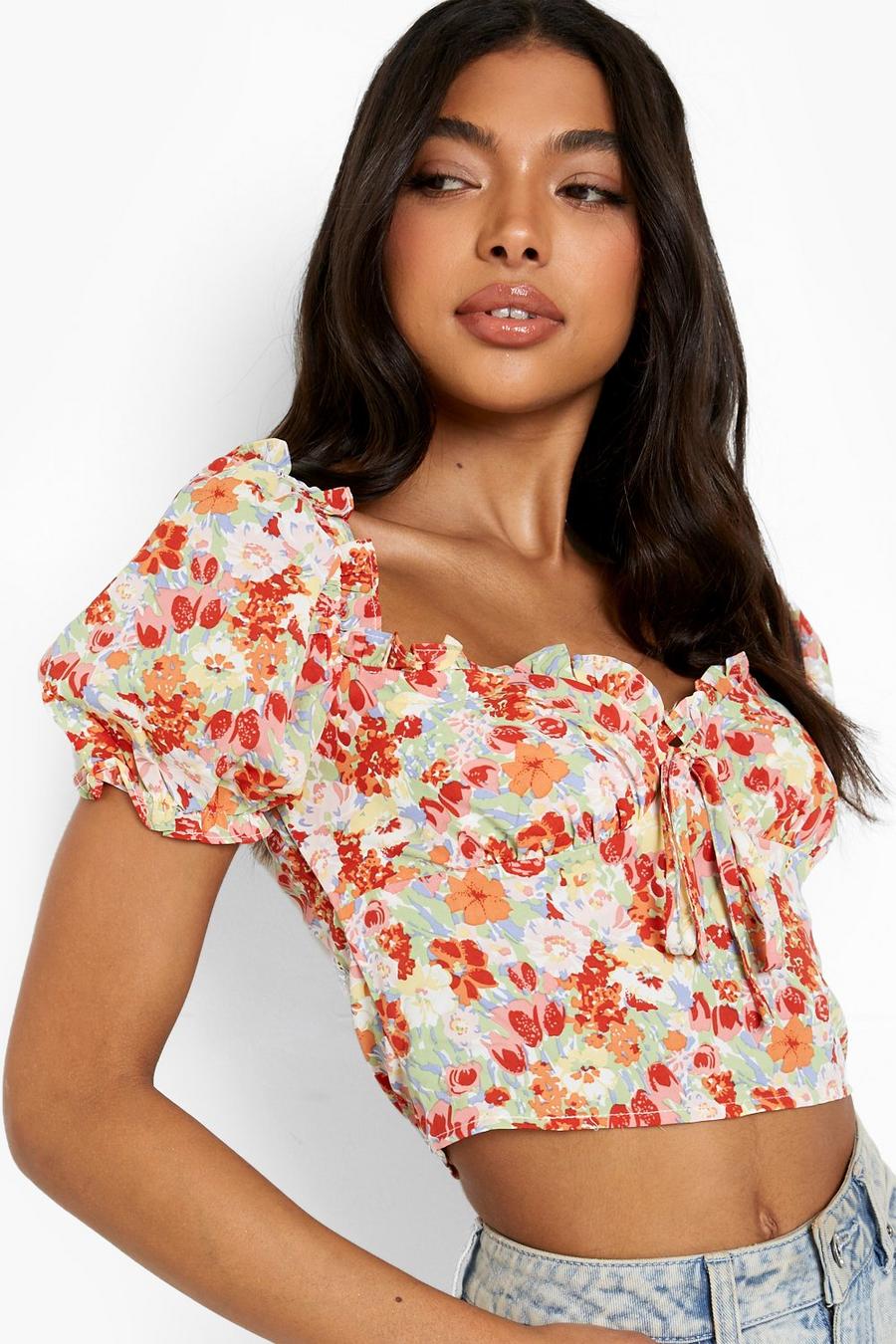 Pink Tall Woven Floral Print Puff Sleeve Crop Top image number 1