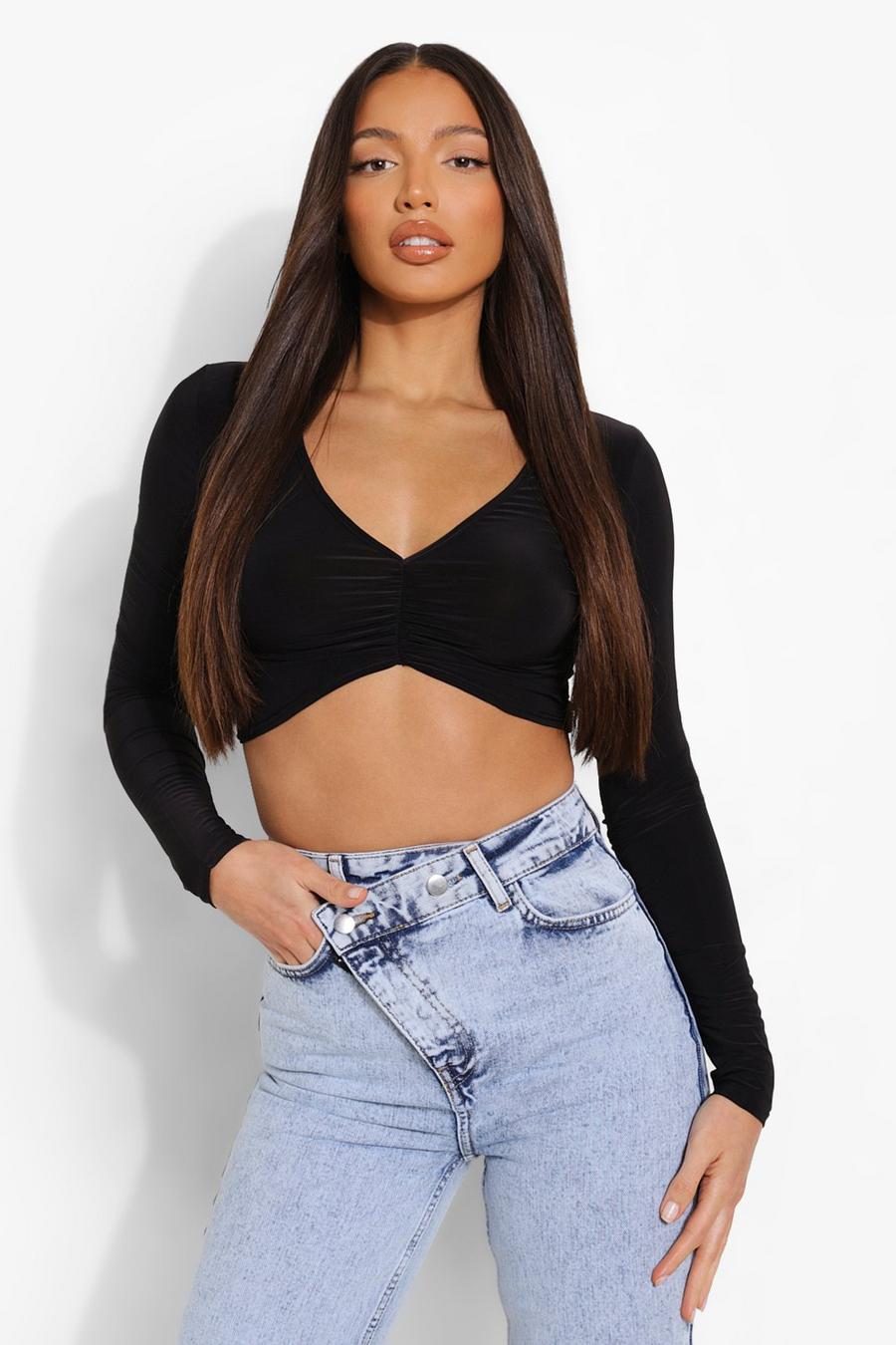 Black Tall Long Sleeve Ruched Front Crop Top image number 1