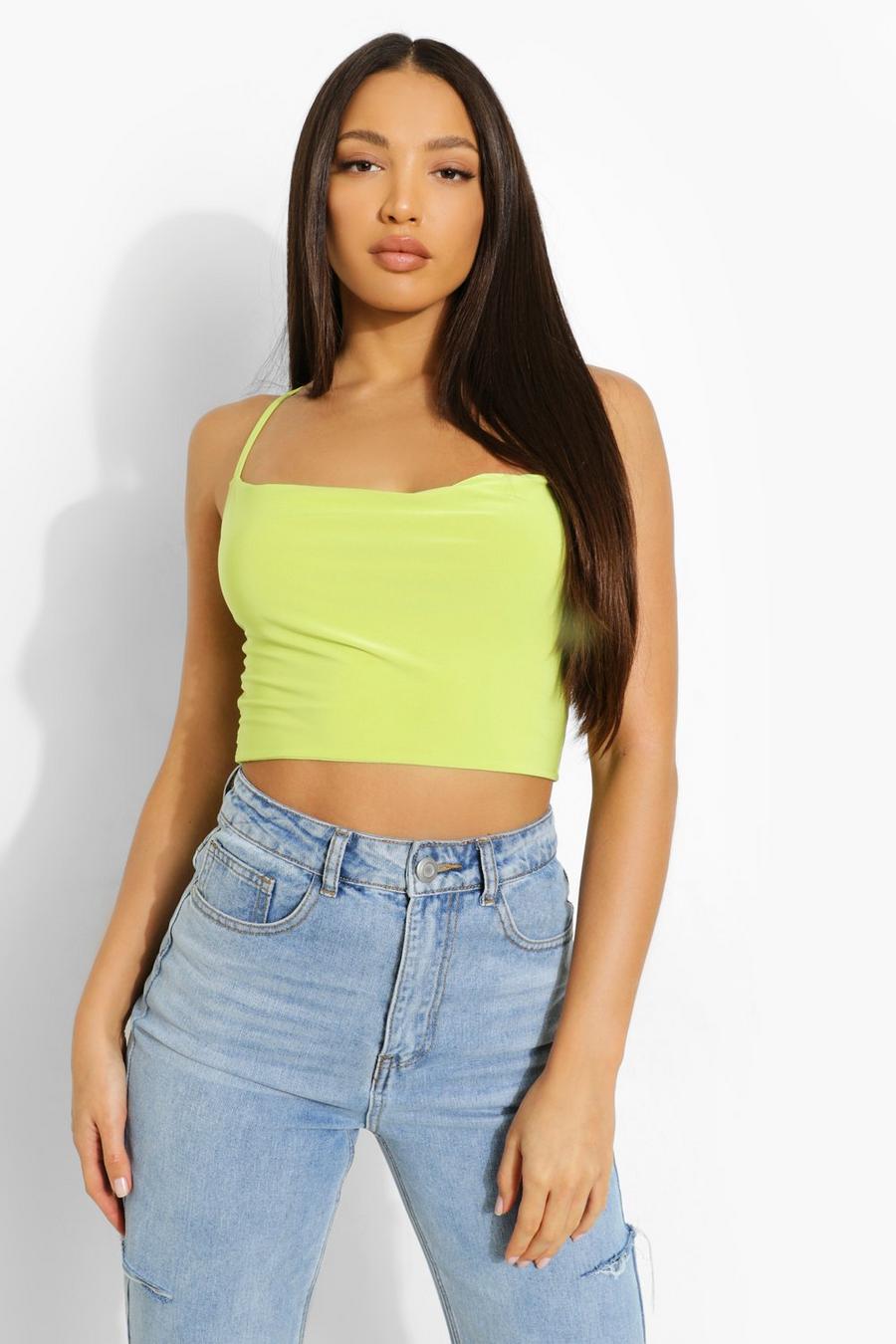 Neon-lime Tall Slinky Cowl Neck Crop Top image number 1