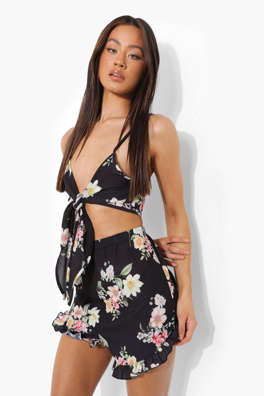 Black Tall Floral Tie Front Top & Shorts Co-ord image number 1