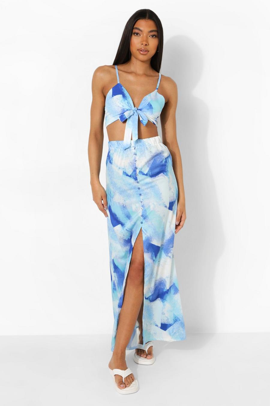 Blue Tall Abstract Print Top And Maxi Skirt Co-Ord image number 1