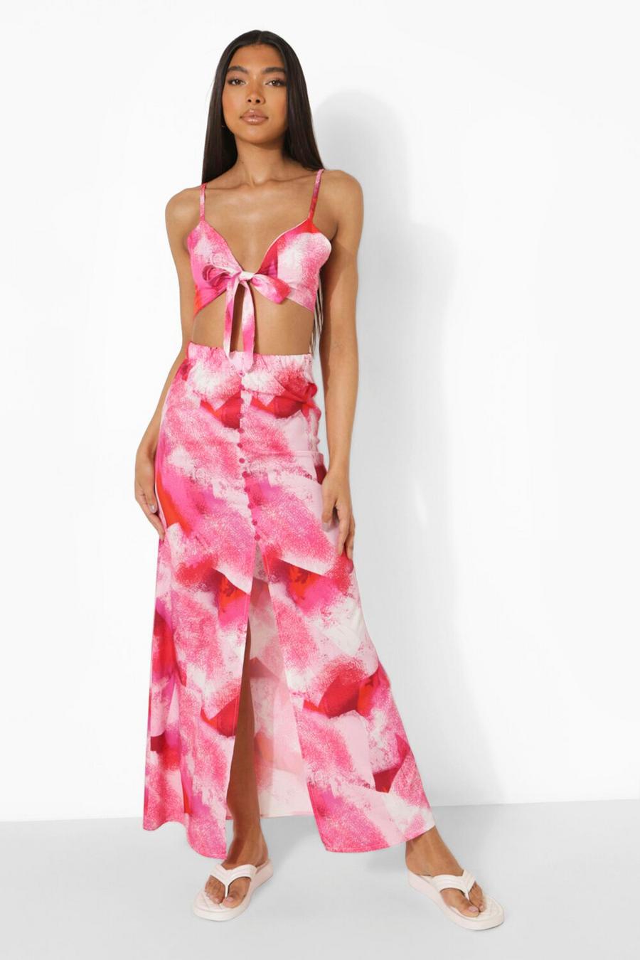 Pink Tall Abstract Print Top And Maxi Skirt Co-Ord image number 1