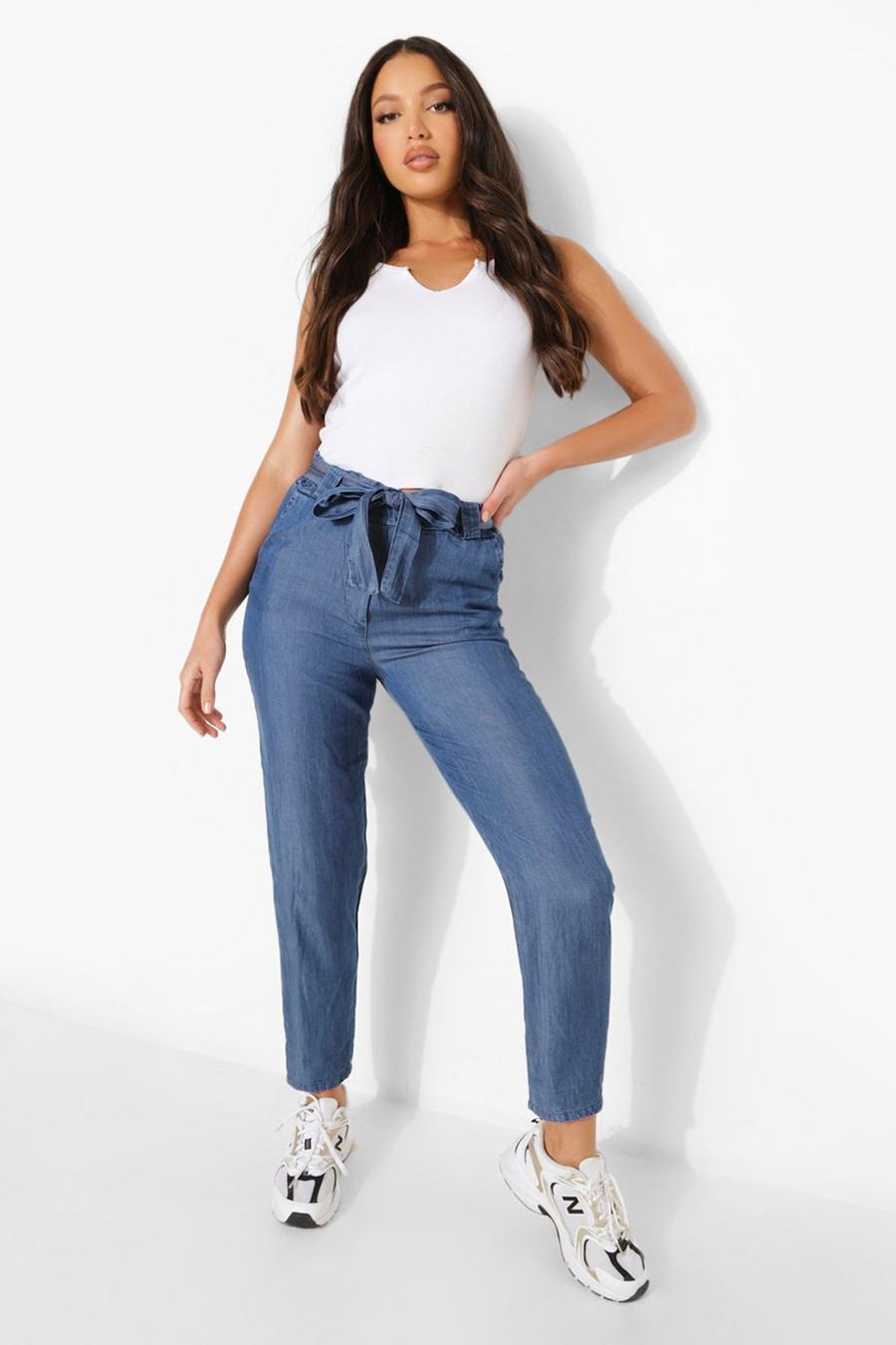 Mid blue Tall Cropped Belted Paperbag Chambray Pants image number 1