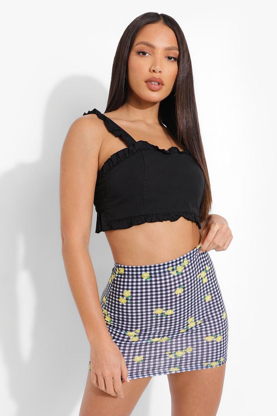 Black Tall Ruffle Square Neck Denim Crop Top image number 1