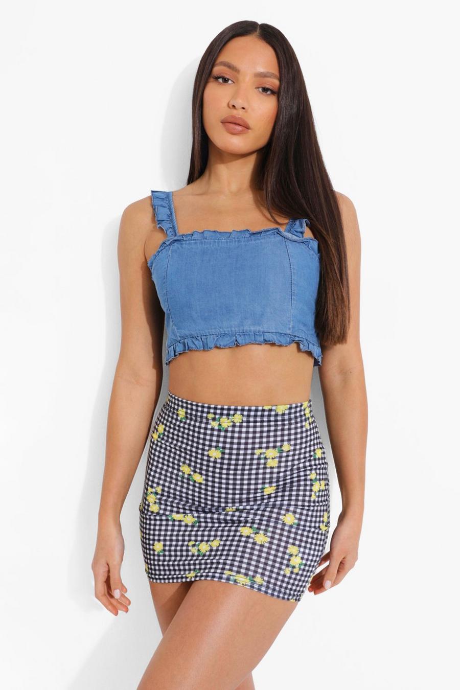 Mid blue Tall Ruffle Square Neck Denim Crop Top image number 1