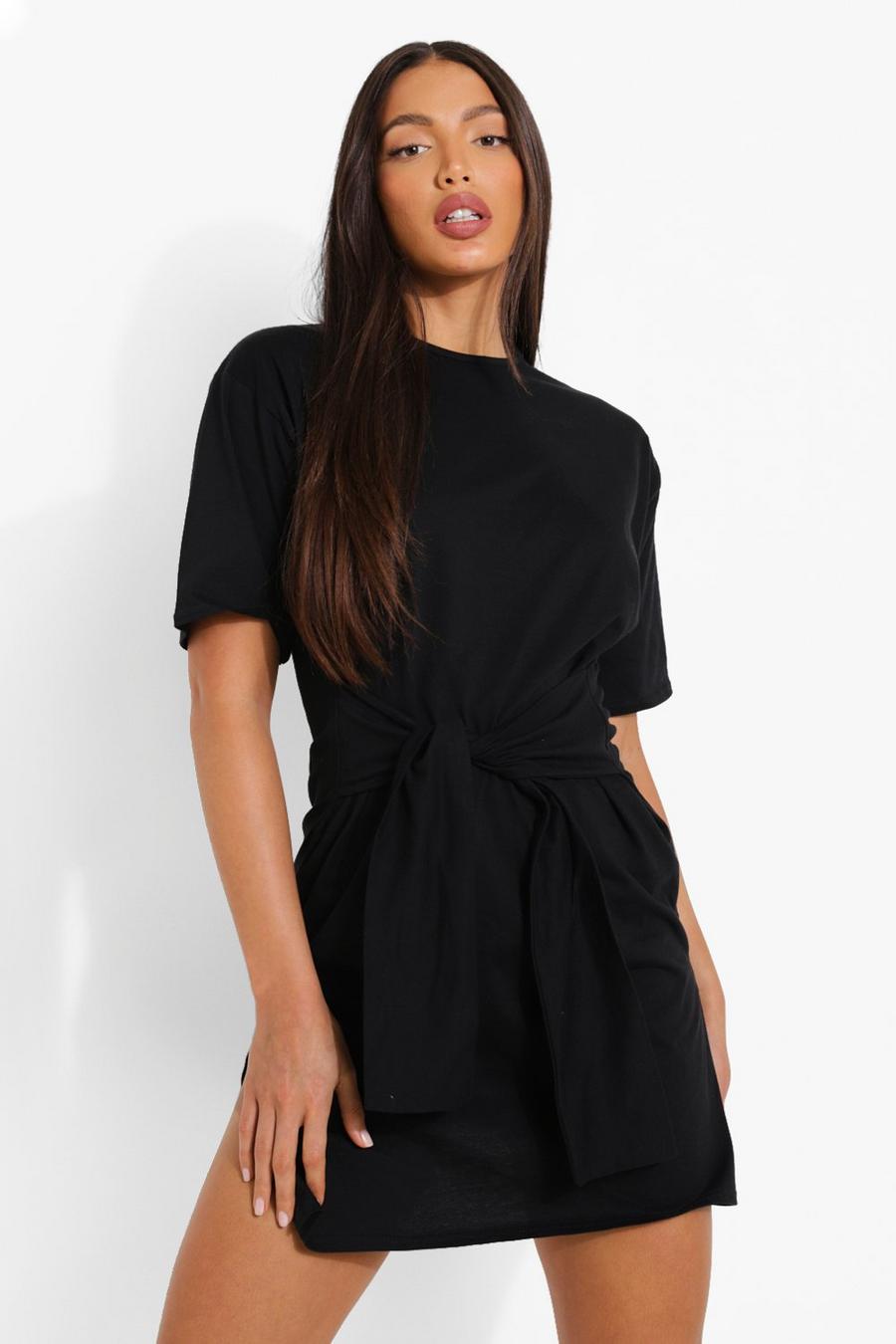 Black Tall Tie Waist Detail T-shirt Dress image number 1